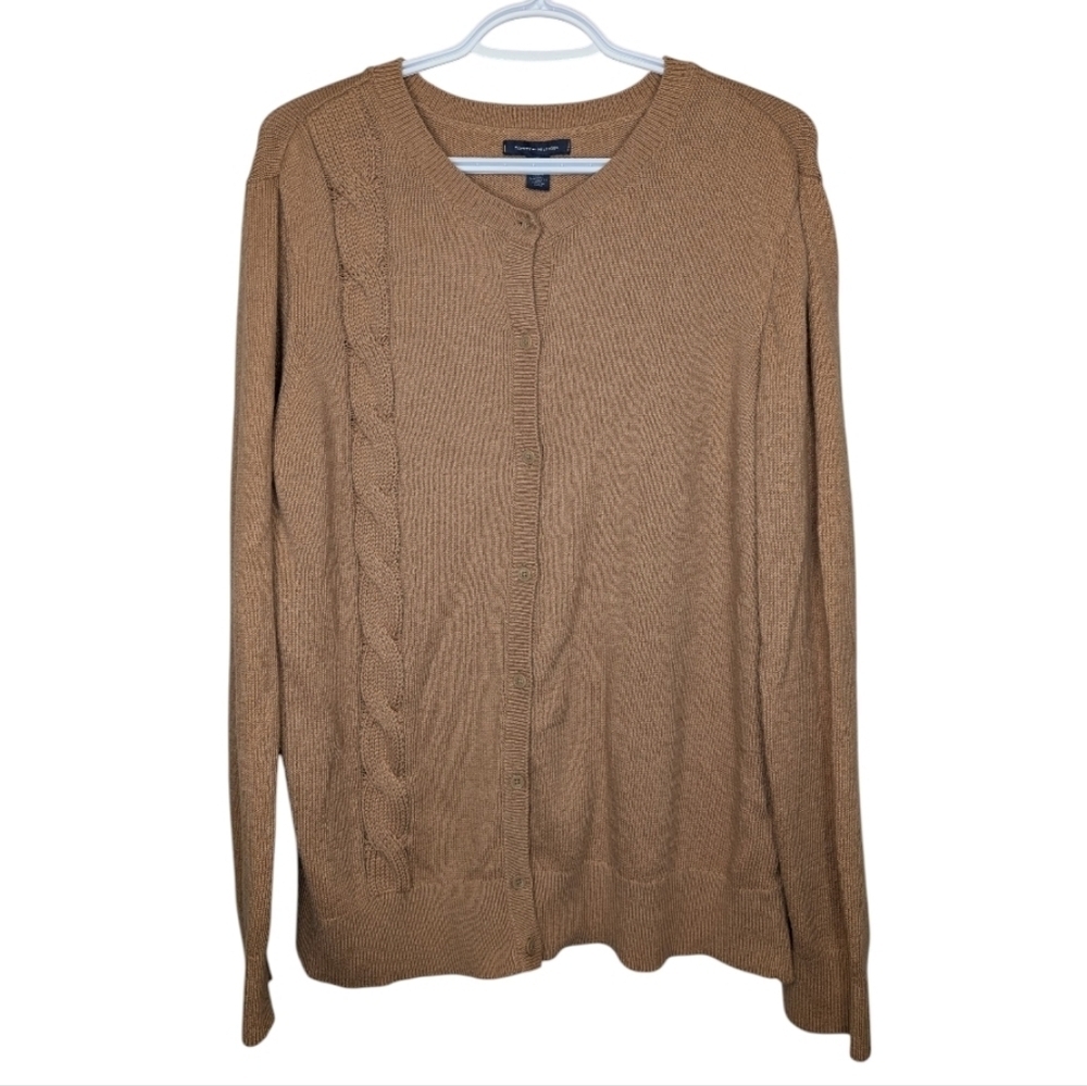 Tommy Hilfiger XXL Camel Tan Button Down Cotton Wool Blend Cable Cardigan
